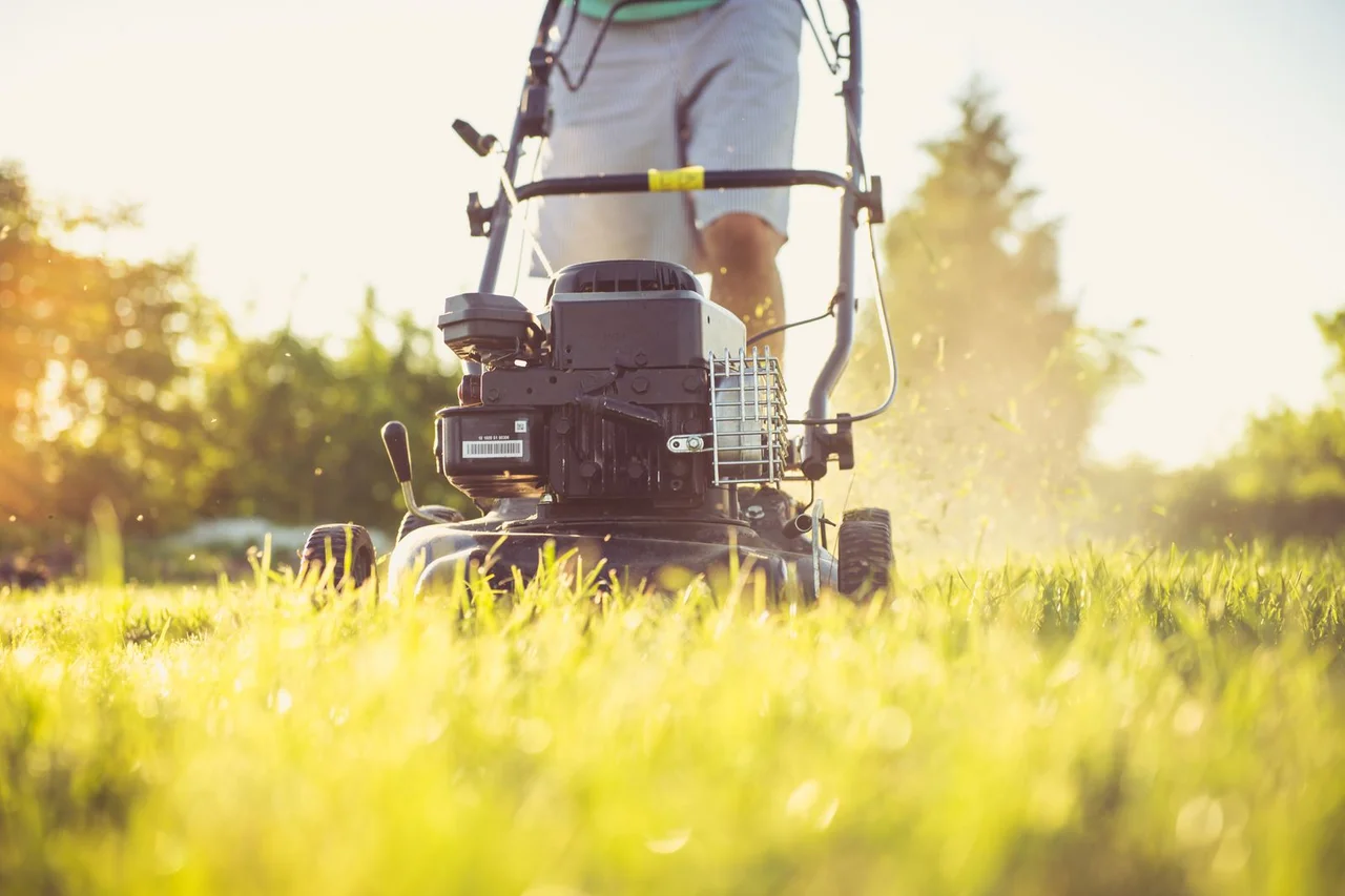 Mowing a sunlit lawn